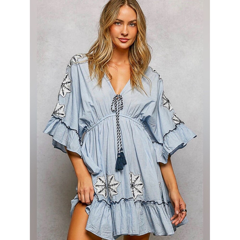 POL Boho Embroidered Star Mini Dress with Tassel Tie – Light Denim Blue Large